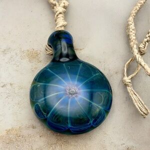 Handmade Macrame Necklace with Glass Art Pendant and Wood Beads Adjustable